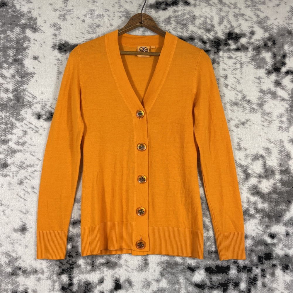 Tory Burch Cardigan Womens Size Extra Small Orange Merino Wool Big Buttons